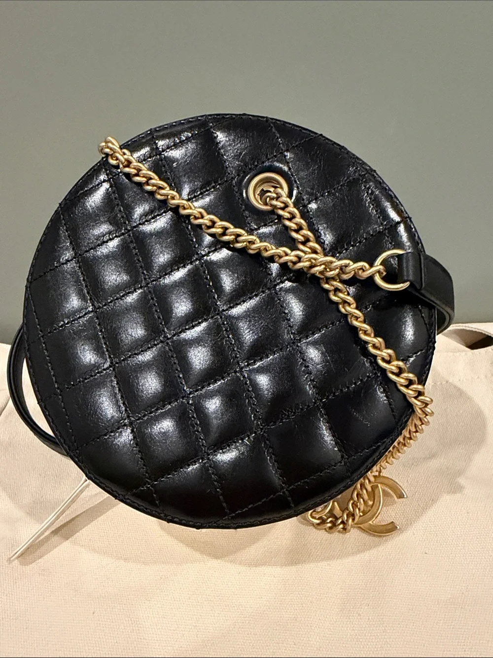 CHANEL Black Leather Circular Crossbody with Cream Rope Trim